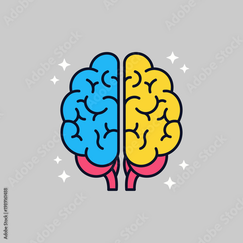 Human Brain Vector Illustration with Blue and Yellow Hemispheres Representing Logic and Creativity, Psychology and Mental Health Concept