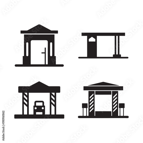 Black and white icons of different types of gas stations and fuel pumps  gas station  fuel station  petrol station