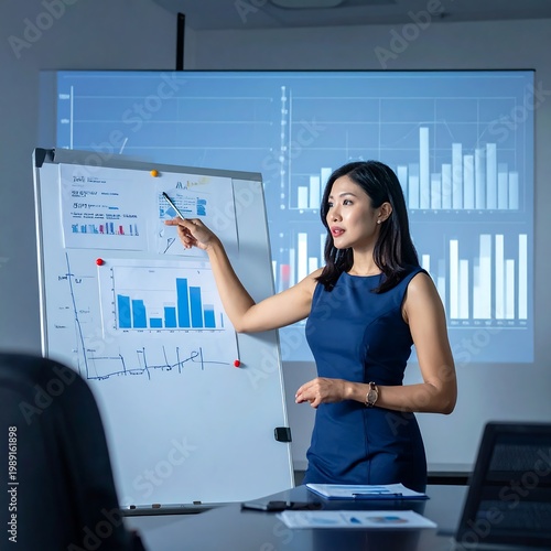 An Asian woman in a blue dress presents data to a group. She points at a whiteboard with graphs. A projector displays charts