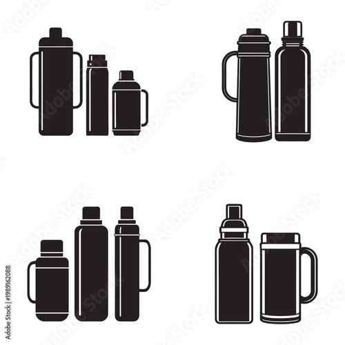 Black and white illustration of various thermoses and bottles in different sizes and shapes for hot and cold beverages  thermos bottle collection