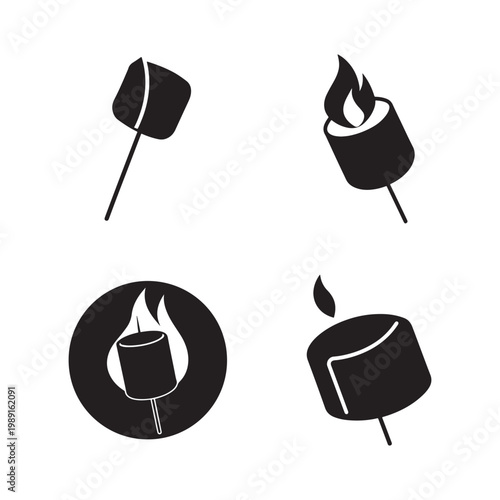 Black and white icons of marshmallows on sticks being toasted over a flame for campfire or smores  simple illustrations