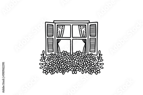 Window with shutters and flower box line art drawing simple and cozy.