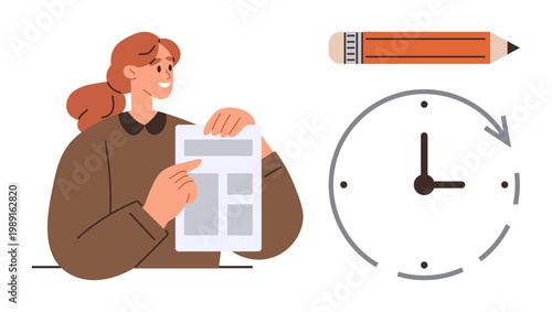 Time management, productivity, planning, scheduling, office work, deadlines. Woman holding a document, clock and pencil visible. Time management and productivity concept