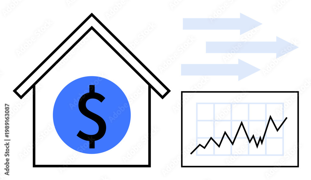 Obraz premium Real estate investment, financial growth, market analysis, property value trends, economic strategy, housing market. House icon with dollar sign, arrows and graph. Real estate investment