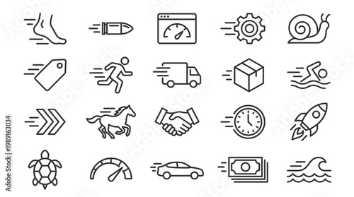 Speed and delivery icons a comprehensive collection representing velocity and logistics
