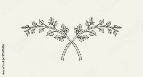 Two crossed laurel branches with leaves in a symmetrical design.