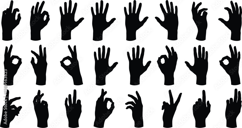 Fototapeta premium Collection of black hand silhouettes in various gestures