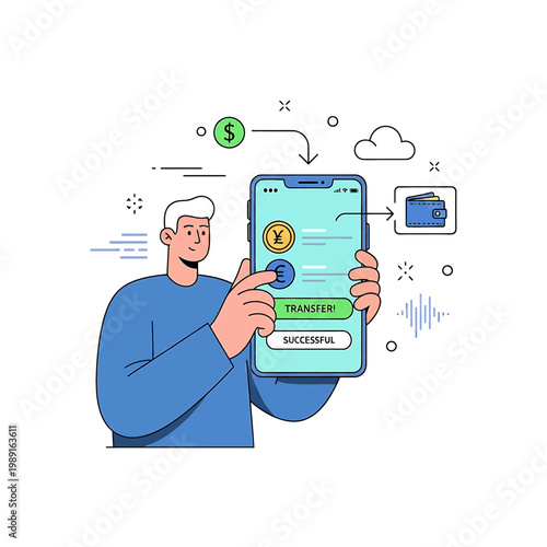 Man holding smartphone with money transfer.