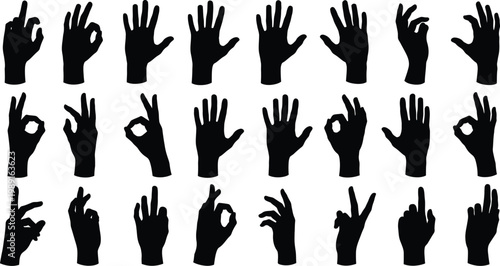 Collection of black hand silhouettes in various gestures