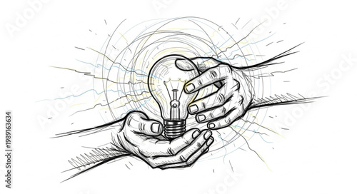 Two hands holding a glowing light bulb symbolizing innovation and creativity.