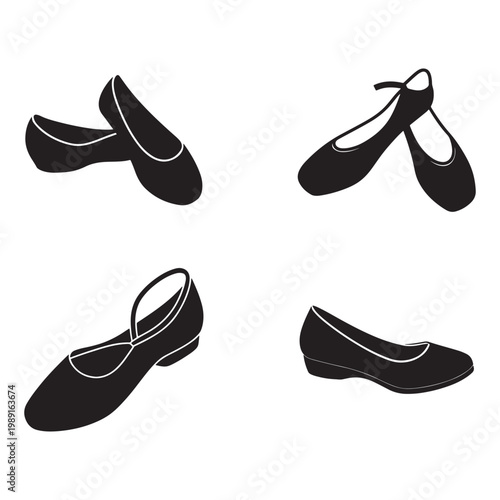 Black silhouette of various ballet flat shoes and loafers for women  several types of shoes on white background