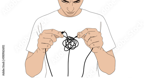Person Holding Headphone Cable Untangling Natural Color Illustration