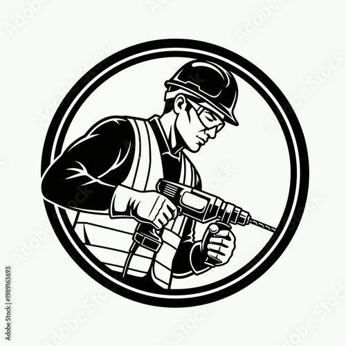 Construction Worker in Safety Gear Using Electric Power Drill Vector Illustration, Industrial Tradesman Emblem Logo for Carpentry and Building