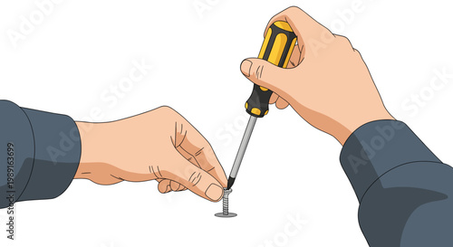 Person Fixing Loose Screw with Screwdriver Natural Color Illustration