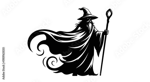 Powerful Wizard Silhouette Illustration, Sorcerer Holding Magical Staff and Wearing Pointed Hat Fantasy Character