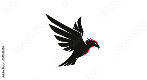 Majestic flying eagle logo silhouette with red accents, minimalist hawk or falcon bird of prey vector illustration isolated on white background