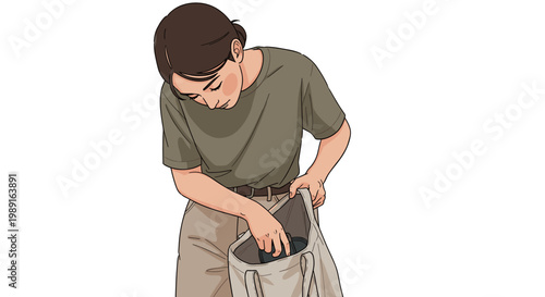 Person Searching Inside Bag Looking for Item Natural Color Illustration