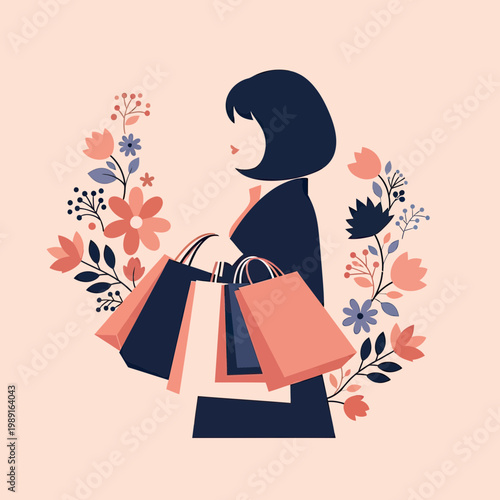 Elegant illustration of a fashionable woman carrying multiple shopping bags with floral background, retail and consumerism concept
