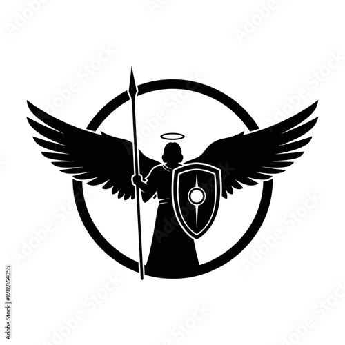 Archangel Michael Silhouette Warrior with Wings Spear and Shield in a Circular Frame