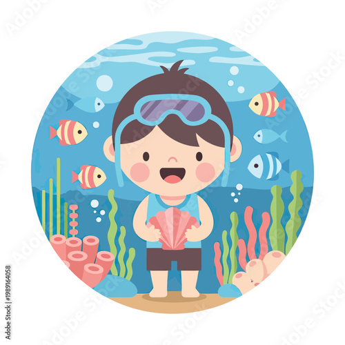 Cute Cartoon Boy Snorkeling Underwater with Tropical Fish and Coral Reef Illustration