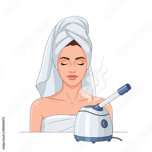Woman using facial steamer device.