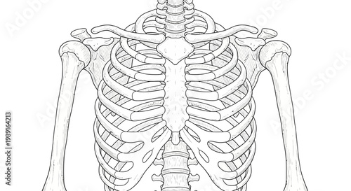 Hand Drawn Anatomical Illustration of the Human Thoracic Cage and Upper Limbs in a Sketch Style
