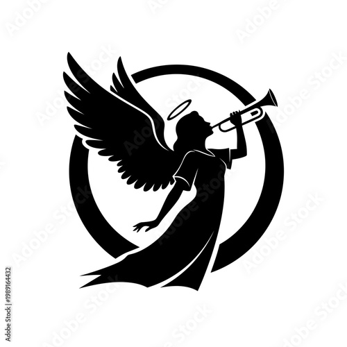 Black Silhouette of a Heavenly Angel with Wings and Halo Playing a Trumpet inside a Circle
