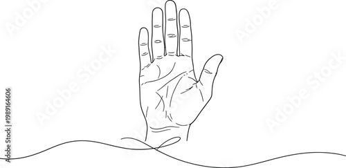 A line drawing of a left hand with the palm facing towards the viewer