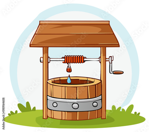 Traditional Wooden Water Well with Bucket and Dripping Water Drop Cartoon Illustration