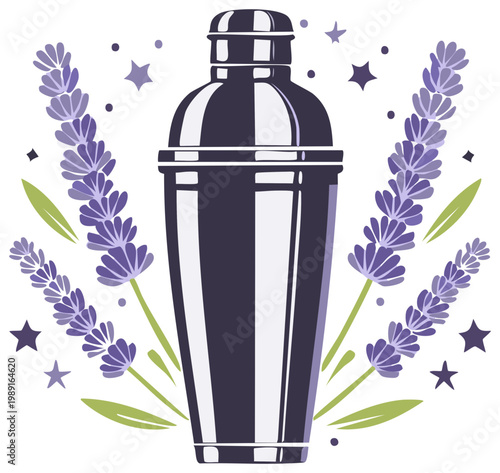 Cocktail shaker illustration with lavender blossoms and decorative star shapes