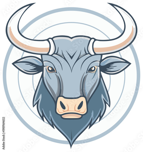 Powerful blue bull head illustration in a bold emblem style representing strength the taurus zodiac sign and financial markets