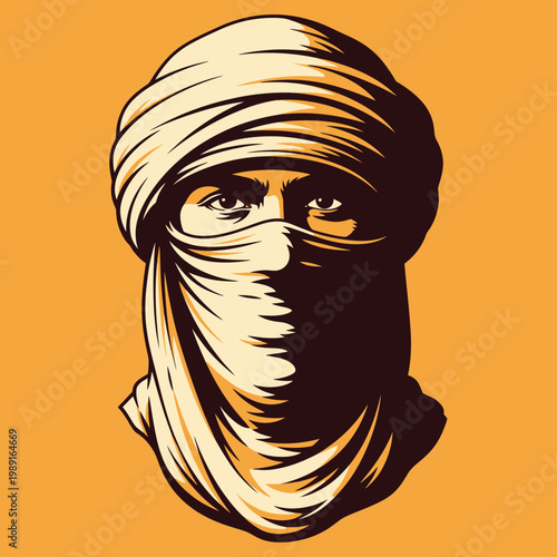 Vector Illustration of a Tuareg Nomad Man with Traditional Headscarf Turban and Veiled Face