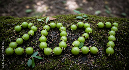 Green fruits spelling out 2027 on moss forest