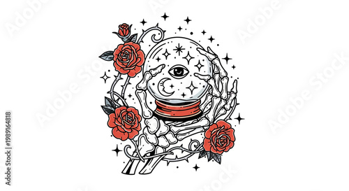 Vintage Occult Illustration of Skeleton Hands Holding a Magic Crystal Ball with Red Roses and Thorny Vines for Fortune Telling and Mysticism