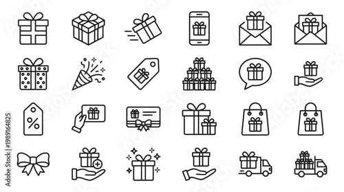 Collection of gift related line icons presents cakes and celebration symbols