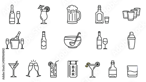 Collection of hand drawn alcoholic beverage icons in black and white line art style