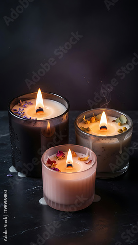 Three Lit Candles With Dried Flowers And Herbs On Dark Marble Background Soft Glow From Flames