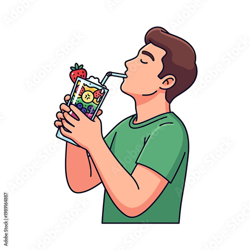 Man drinking from colorful beverage cup.