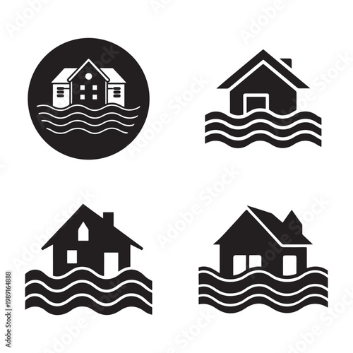 Black silhouettes of houses partially submerged in wavy water on white background  flood concept  disaster icons  four different designs