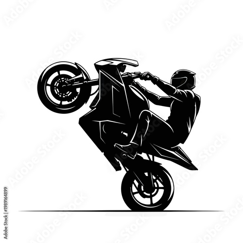 Silhouette of a Motorcyclist Performing a Wheelie Stunt on a Sportbike Vector Illustration