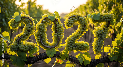 Green grapes arranged to form the year 2027 on a vine leaves