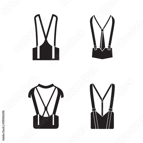 Black silhouettes of various mens suspenders and belts with and without ties  fashion accessories