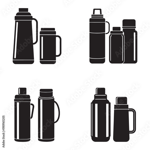 Black thermos bottles and flasks in various sizes and shapes  isolated on white background