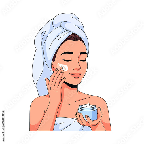 Woman applying cream to face skin.