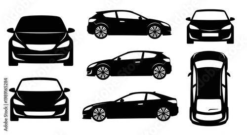 Set of Black Car Silhouettes from Multiple Angles: Front, Side, Top View