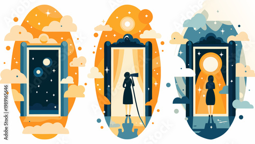 Three stylized portals offer glimpses into different dreamlike worlds with starry skies