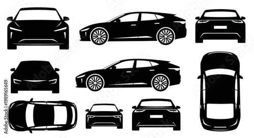 Set of Black Car Silhouettes from Multiple Angles: Front, Side, Top, Rear Views