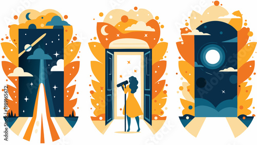 Three ornate doorways reveal surreal landscapes and a woman singing into a microphone