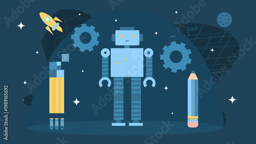 A blue robot stands amidst gears pencils and a rocket in outer space