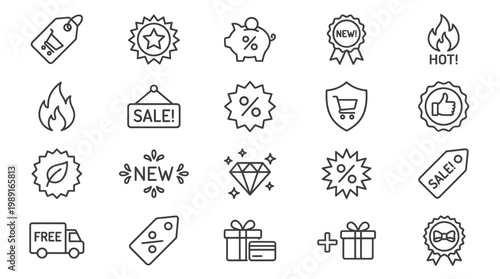 Collection of hand drawn line icons representing sales discounts offers and special promotions